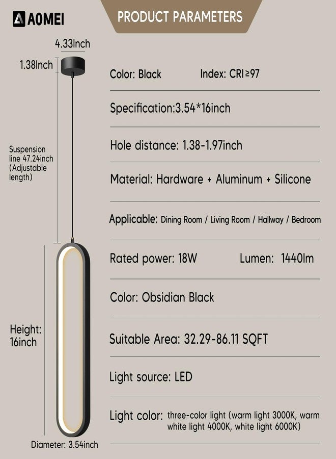 AOMEI 15.75 Inch Black Full Spectrum Bedroom Bedside Dining Room Minimalist Small Pendant Light 18W Led Long Line Ambient Lighting - Image 2